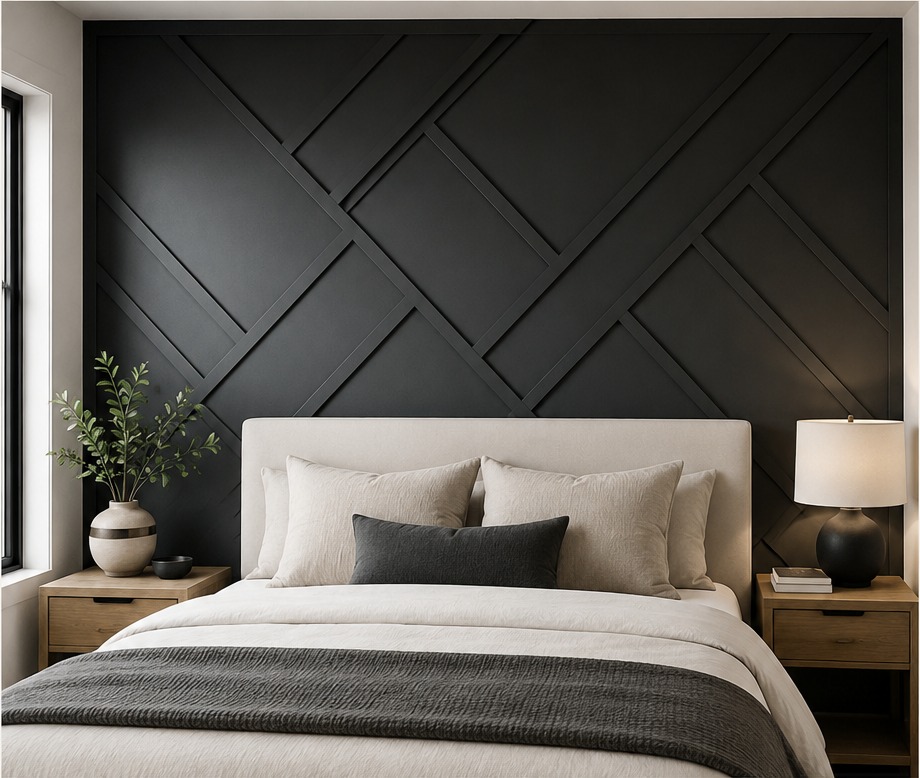 Modern dark geometric accent wall bedroom inspiration